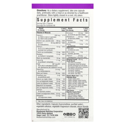 Bluebonnet Nutrition, Ladies' ONEÆ, Πλήρης Φυσικό Πολλαπλό, 60 Φυτικά Καψούλες 1
