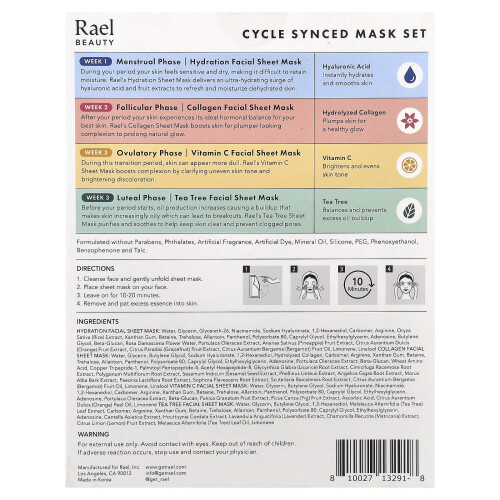 Rael, Cycle Synced Beauty Mask Set, 4 Sheets, 0.84 fl oz (25 ml) Each 2
