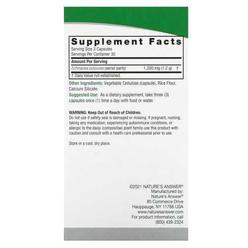 Nature's Answer, Echinacea, 1,200 mg, 90 Capsule Vegetariane (400 mg per Capsula) 1