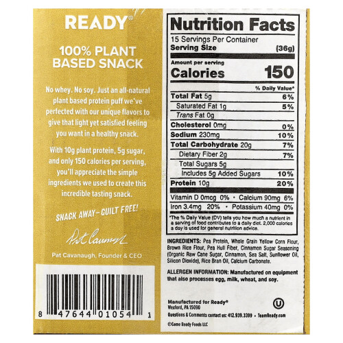 Ready, Protein Puffs, Κανέλα Ζάχαρη, 6 Bags, 3.17 oz (90 g) Each 2