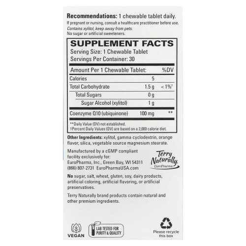 Terry Naturally, CoQ10, Oranje, 100 mg, 30 Eetbare Tablets 1