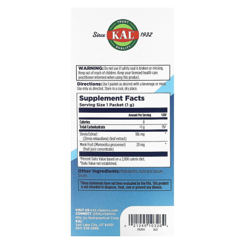 KAL, Sure Stevia Extract + Monk Fruit, 100 Πακέτα, 3.5 oz (100 g) 1