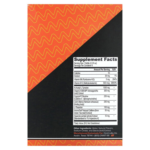 Onnit, Alpha BRAIN Focus Shot, Peach, 6 Flaskor, 2.5 fl oz (75 ml) Varje 1