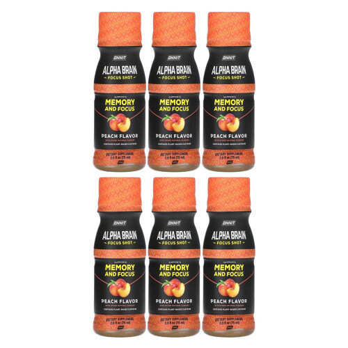 Onnit, Alpha BRAIN Focus Shot, Peach, 6 Flaskor, 2.5 fl oz (75 ml) Varje 2
