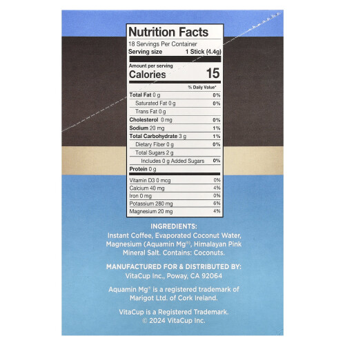 VitaCup, Hydration Instant Coffee, Medium Roast, 18 Single-Serve Sticks, 0.16 oz (4.4 g) Each 1
