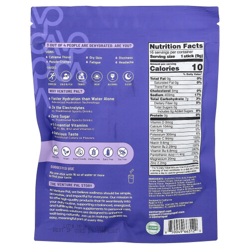 Venture Pal, Hydration Boost, Electrolyte Drink Mix, Grape, 16 Stick Packs, 0.32 oz (9 g) Each 1