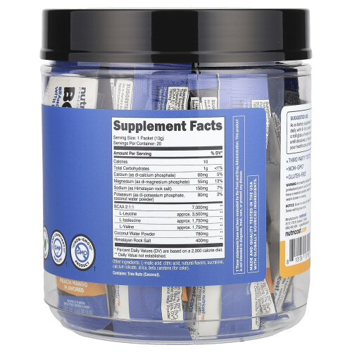 Nutricost, Απόδοση, BCAA+, Πεάχ Μάνγκο, 20 Πακέτα, 0.5 oz (13 g) Each 1
