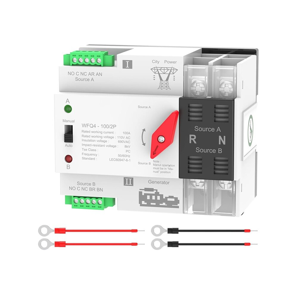 Automatic Transfer 100A Ac110v,Dual Power Ats 2P Transfer Din Rail Mounting For Home Generator, Rv,Public 4713304918839