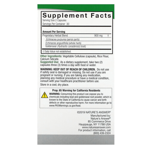 Echinácia e Goldenseal Nature's Answer, 60 Capsulas Vegetarianas 1