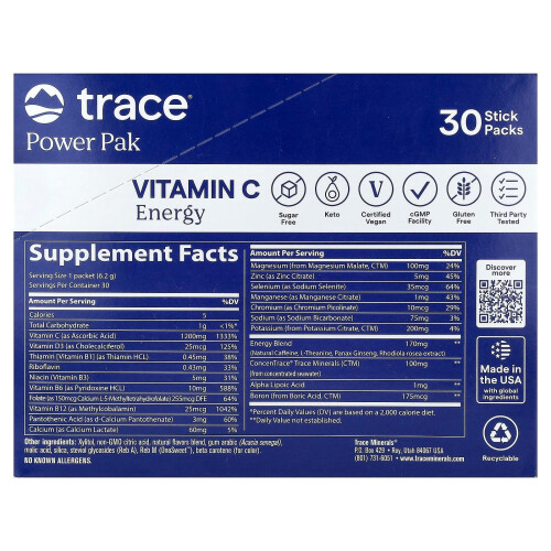 Trace, Power Pak, Βιταμίνη C Ενέργεια, Πορτοκαλί Μάνγκο, 30 Stick Packs, 0.22 oz (6.2 g) Each 1
