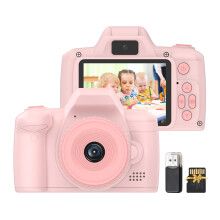 Kids Digital Camera 1080P 32GB, 2.4In IPS Screen, Beige/Pink