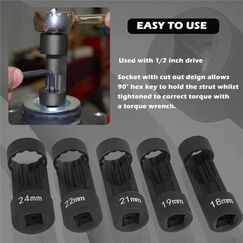 Strut Nut Socket Tool Set 16/18/19/21/22/24mm with 12 Point 1/2" Drive for Easy Suspension Removal 1