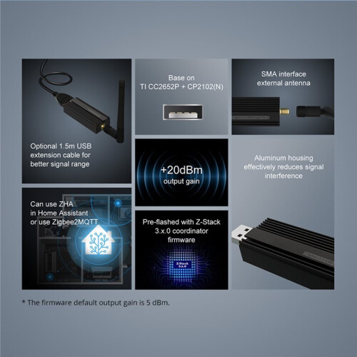 Dongle USB Zigbee 3.0 -e com Antena, Chip EFR32MG21 - para Home Assistant, OpenHAB, Zigbee2MQTT (ZBDongle-e) 1