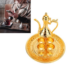 Vintage Turkish Metal Tea Set with Tray, 4 Cups, Gold Luxury