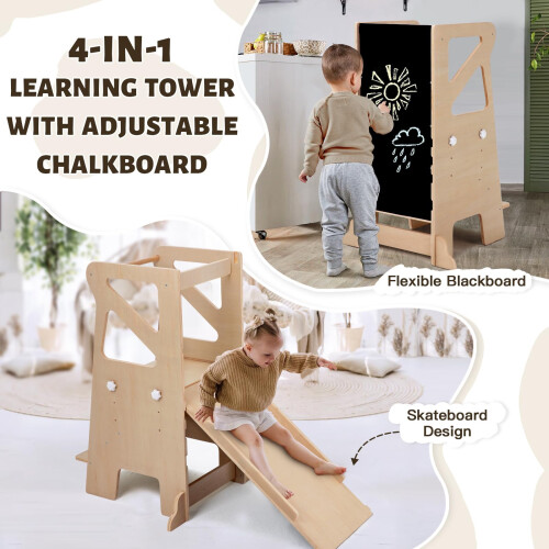 Wooden Kitchen Step Helper Learning Standing Tower with Slide 3 Levels