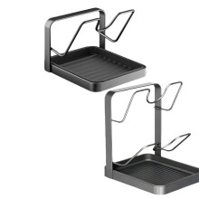 Kitchen Pot Lid Storage Rack, Multifunctional Pot and Pan Organizer with Drain Tray, Countertop Lid and Spoon Holder