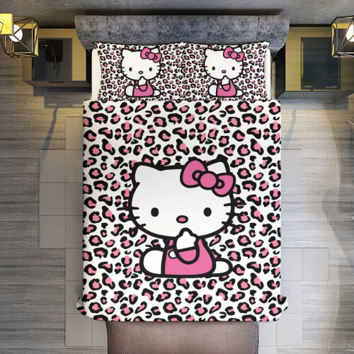 (135CM X 200CM) Pink Leopard Hello Kitty Comforter Set Soft 3 Pcs Twin Bedding Sets Thicken 1