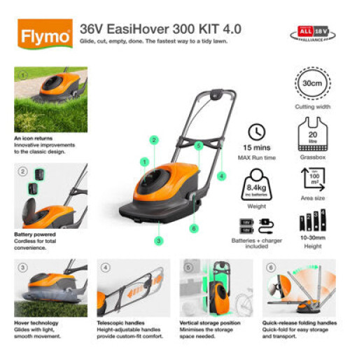 Flymo Flymo EasiHover 300 Cordless 36V Hover Lawnmower with Dual Batteries 2