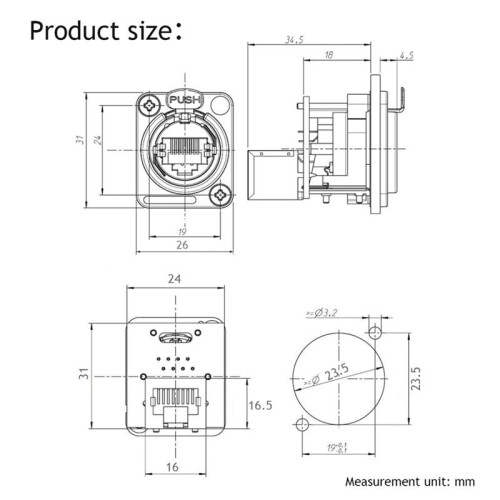 Ethercon Rj45 Chassis Socket,D-N8FDP RJ45 Feed/Pass Panel Mount Jack,D Series Cat5 RJ45 Vertical Panel-Mount Connector 2