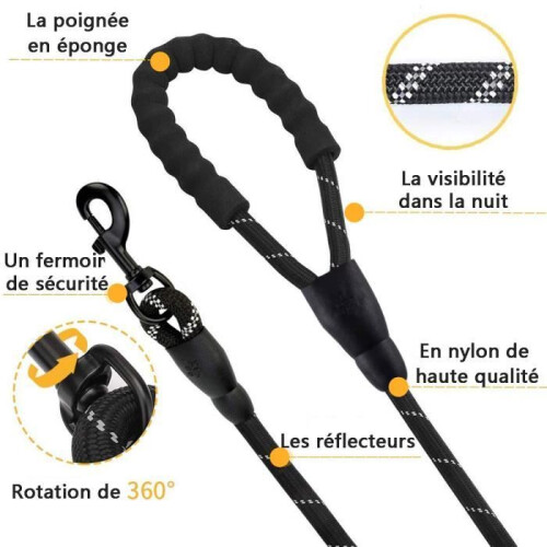 Correa para perros Kambo - 1,5 m de longitud - Nailon - Negra - Mango de espuma 1