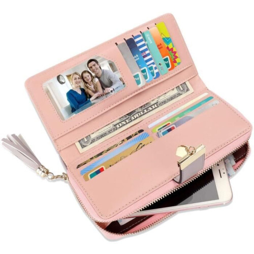 Dames leren portemonnee - Merk - Model - 11 kaarten - Grijs wit roze 1