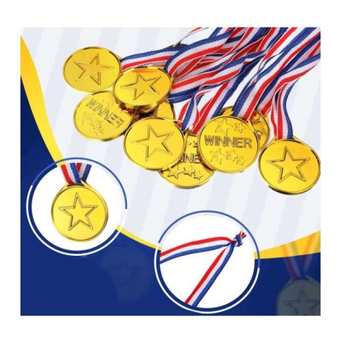 Medalha de plástico - Vencedor - Pacote com 100 - Amarela - Estrela - Fitas para pescoço 1