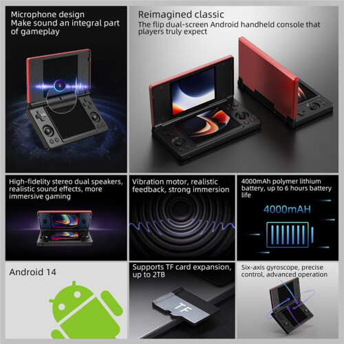 Para Anbernic RG  Console de Videogame Retrô com Tela IPS de 4 Polegadas, Tela Dupla Sensível Ao Toque, 3+32G, para Android 14, Console Flip, 2
