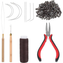 Kit com 200 Miçangas para Cabelo, Alicate de Cabelo com Três Furos, Rolo de Linha de Costura e Ferramentas para Costura de Extensões de Cabelo.