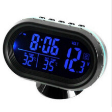 Car Digital Thermometer Clock with Voltage Meter, Dual LED Backlight, 12/24 Hour Display (Blue)
