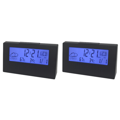 2Pcs Black Alarm Clocks with Weather Display for Desktop 1
