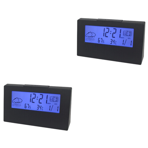 2Pcs Black Alarm Clocks with Weather Display for Desktop 2