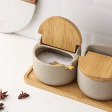 Ceramic Seasoning Jar Bamboo Lid Spice Jar with Spoon Kitchen Sugar Salt Spices Storage Box Household Container