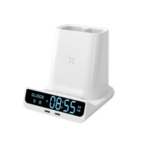Elektronische LED-Wekker met Pennenhouder en Opbergdoos, Instelbare Helderheid, 15W Draadloze Oplader, Tafelklok, Wit