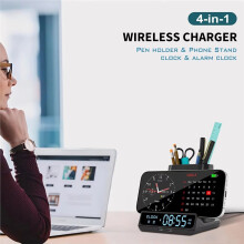 Pen Holder Storage Box Electronic LED Alarm Clock with Brightness Adjust 15W Wireless Charger Table Clock Black