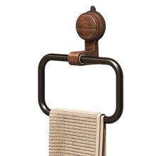 Vintage Walnut Wood Towel Ring with Suction Cup Mount, No-Drill Wall-Mounted Bathroom Towel Holder,Stainless Steel Frame