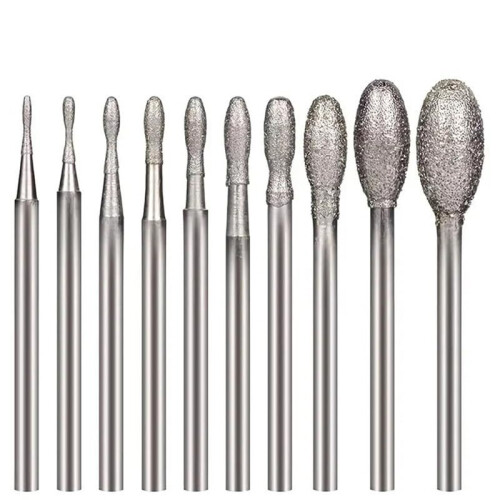 Conjunto de 10 Brocas para Entalhe em Pedra com Haste de 3/32 Polegadas para Ferramentas Rotativas (Formato Oval)