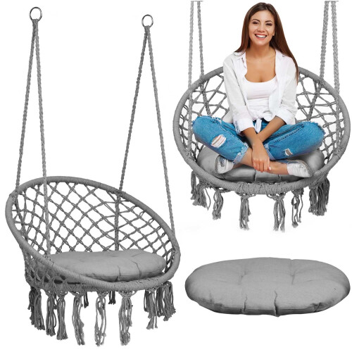Hängender Gartensessel BOHO grau mit Kissen