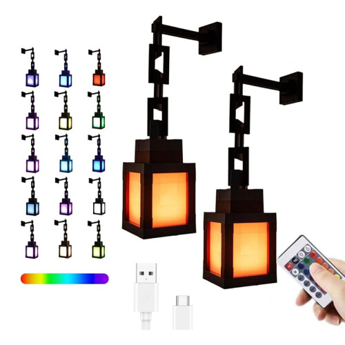 2Pcs Pixelated Lantern LED Night Light 16-Color Light-Changing with Remote Control, Rechargeable Table/Wall Night Lamp 2