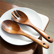 Ensemble de 2 Couverts en Bois de Style Japonais, Comprenant une Cuillère, une Fourchette et une Louche à Salade à Long Manche.