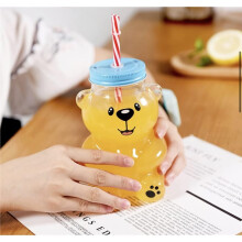 Gobelet à Bec Kawaii Ours 560 Ml (19 Oz) en Verre Transparent avec Couvercle et Paille - Adorable Bouteille/Tasse en Verre Kawaii Ours pour Jus, Lait