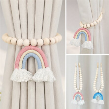2pc Bead Garlands Curtain Tiebacks Rainbow Tassel Wood Bead Curtain Rope Holdback Farmhouse Curtain Holders for Drape C