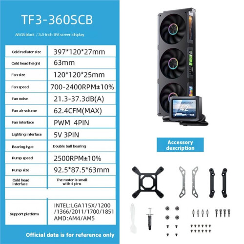 TF3-360SC Water Cooler para CPU All-In-1 com Tela LCD IPS ARGB de 3,5 Polegadas + 3 Ventoinhas de 3,38 Polegadas para LGA 1851/1700 A 2
