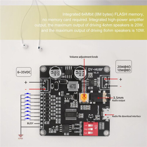 12V/24V Voice Playback Module Serial Port Control Playback 10W/20W Voice Module HV8F 2