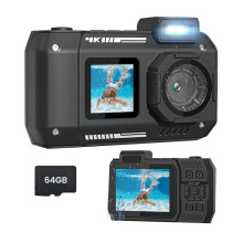Waterproof Camera 4K 65MP Underwater Camera with 64G Card, for Snorkeling Autofocus Selfie Dual-Screen Black