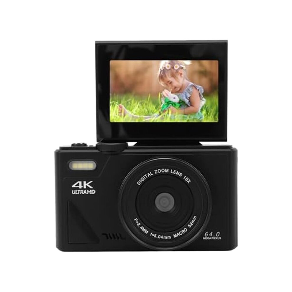 4K Digital Camera, 3 Inch Flip Screen 64Mp Uhd 18X Zoom Autofocus Retro Compact Camera, Portable Camera Black 4713755106687