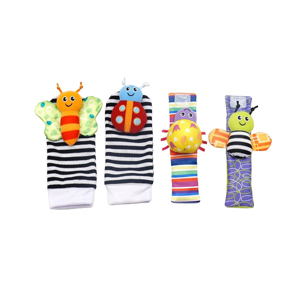 4Pcs Baby Toy 0-12 Months Baby Rattles Toys Animal Socks Wrist Strap +Rattle Foot Socks Bug Wrist Strap Toddler Socks Tauoh