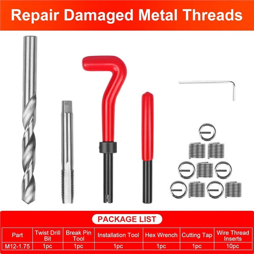 Thread Repair Kit M12x1.75mm, Metric Thread Repair Insert , Rethreading Inserts Tool for Damaged Thread Repairing 15PCS 1