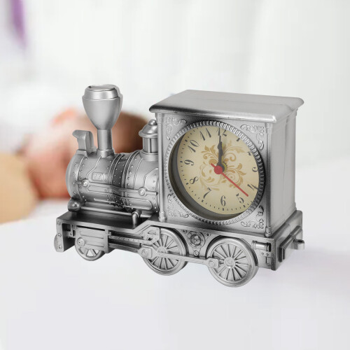 Vintage Metal Train Alarm Clock Desktop Decor Silver AA Battery Operated 2