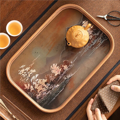 Bandeja de Chá de Bambu e Vidro com Bule e Xícara de Chá em Estilo Retrô Chinês, Decoração e Acessórios para Cerimônia Do Chá. S 2