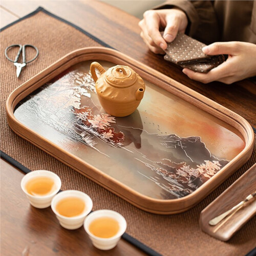 Bandeja de Chá de Bambu e Vidro com Bule e Xícara de Chá em Estilo Retrô Chinês, Decoração e Acessórios para Cerimônia Do Chá. S